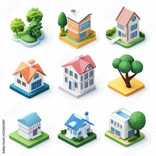 Isometric houses and tree illustrations on white background