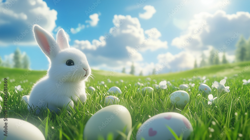 Fototapeta premium Bunny and easter eggs in green grass with blue sky.Copy space.