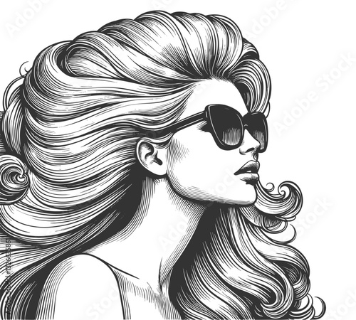 fashionable woman with voluminous hair wearing stylish sunglasses, exuding confidence and glamour sketch engraving generative ai vector illustration. Scratch board imitation. Black and white image.