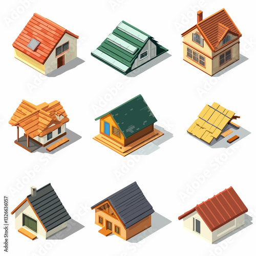 Isometric houses collection, illustrations of diverse architectural designs