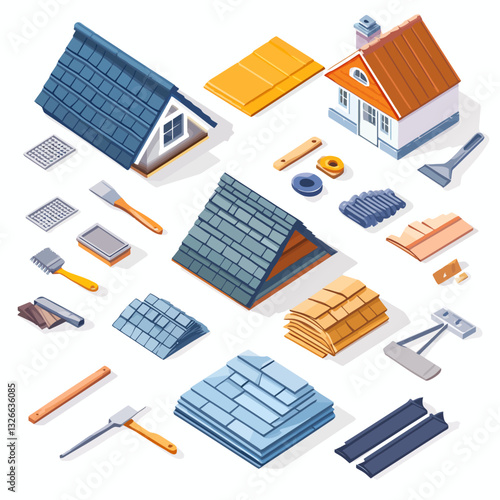 Isometric Building Roofs And Tools - Construction Elements - Roofing Supplies