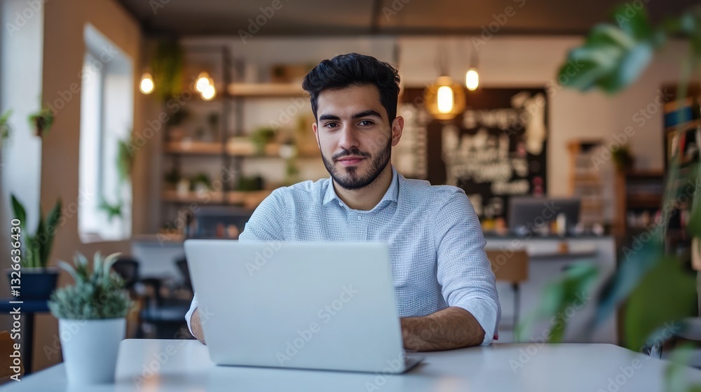 A man working on a laptop in a modern workspace, surrounded by plants, showcasing productivity and a contemporary environment. A man working on a laptop in a modern workspace, surrounded by plants, showcasing productivity and a contemporary environment.