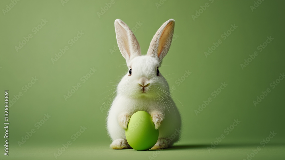 Fototapeta premium Easter bunny with green painted egg on green background. Easter holiday concept.