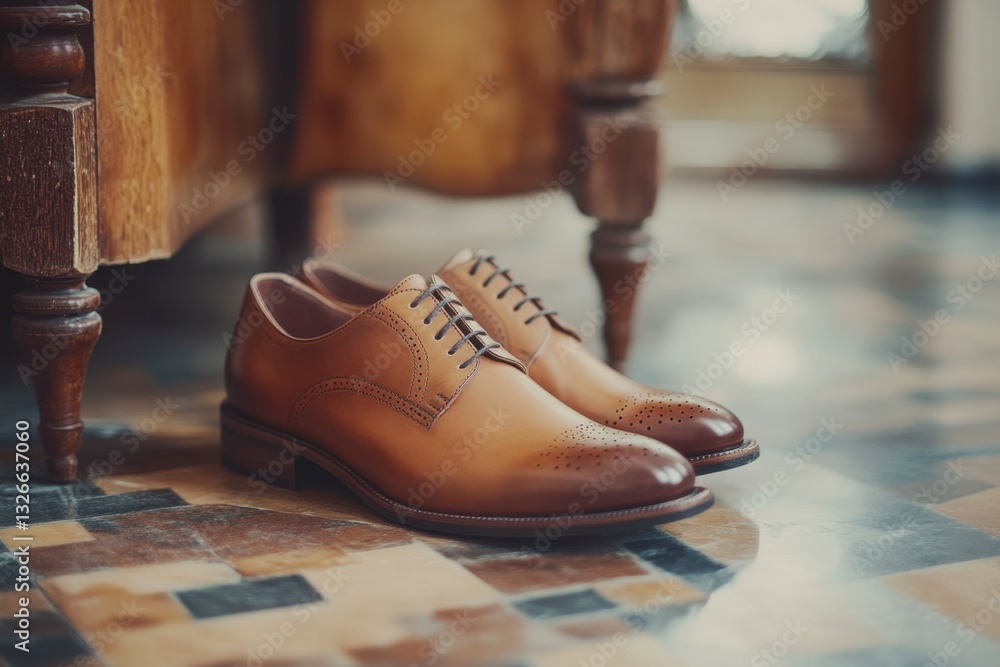 Elegant Tan Leather Oxford Dress Shoes on Marble Tile Floor with Wooden Desk in Background for Men's Style Elegant Tan Leather Oxford Dress Shoes on Marble Tile Floor with Wooden Desk in Background for Men's Style