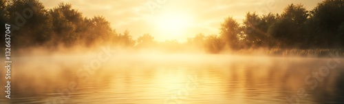 Serene sunrise over a misty lake, with golden light reflecting on the water.