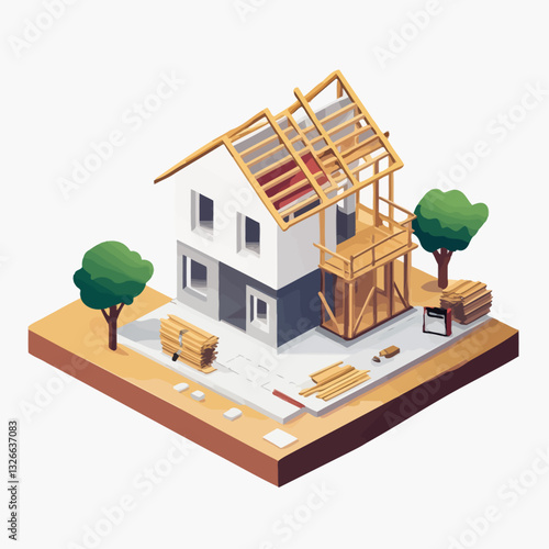 Isometric view of a house under construction, building process concept.