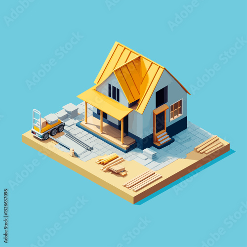 Isometric view house under construction, residential home building concept