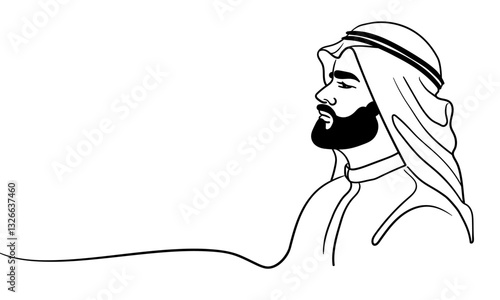 Emirati man in traditional clothes, continuous line art drawing. Muslim in a hijab. Vector illustration isolated on white background.