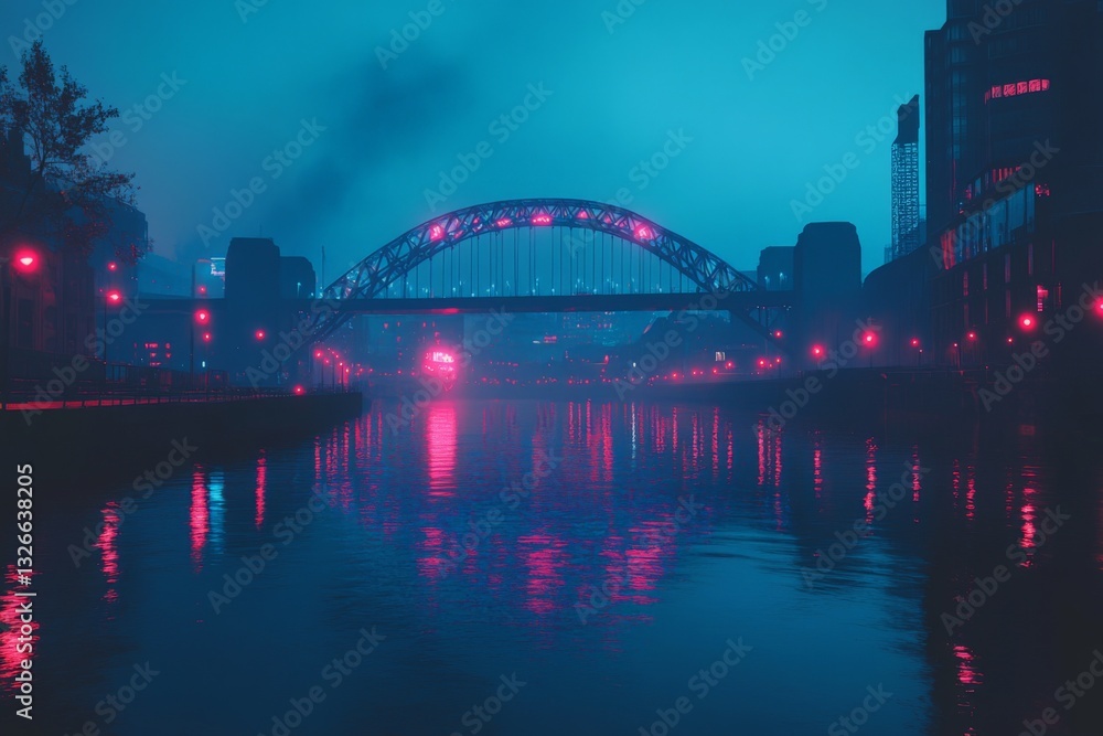 Fototapeta premium Stunning night view of a bridge illuminated by colorful lights over a river in an urban setting