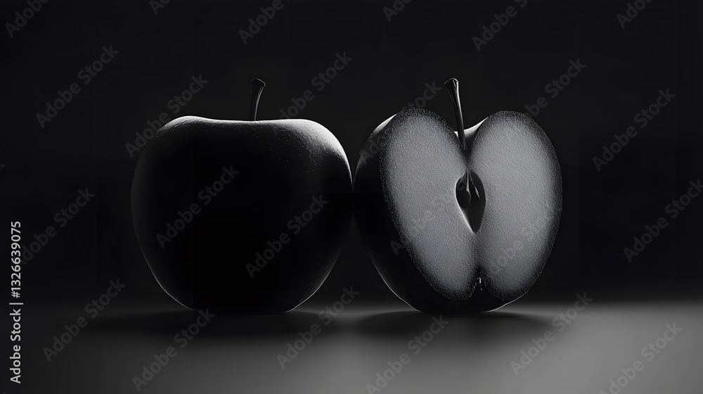 custom made wallpaper toronto digitalBlack Apple Halves Mirrored in Dark Matt Background with Stark Contrast and Smooth Texture