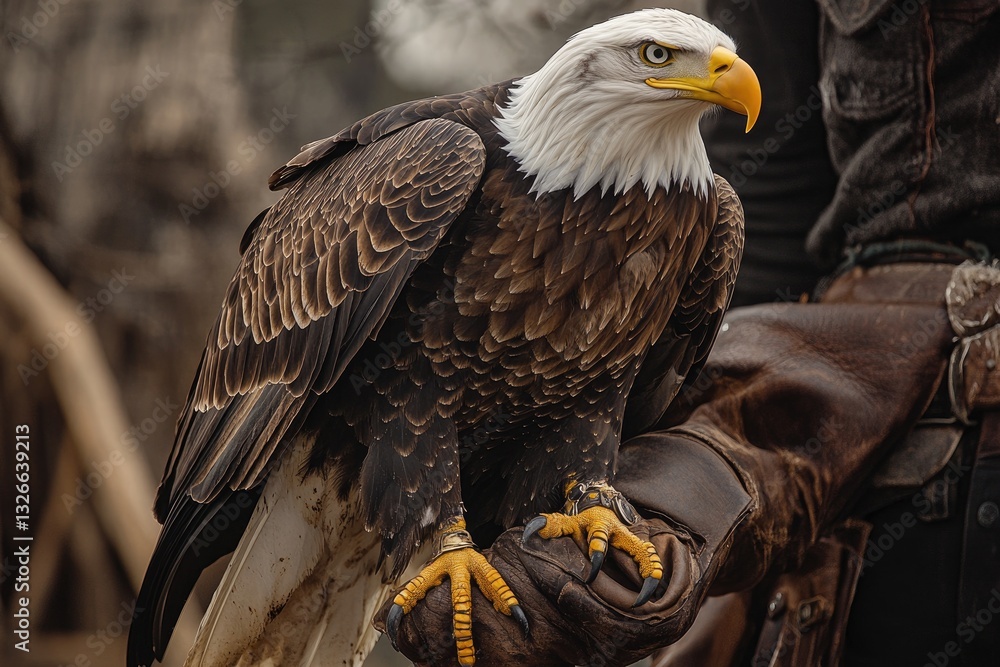 Fototapeta premium A bald eagle perched on a cowboy’s gloved hand, set in the Wild West