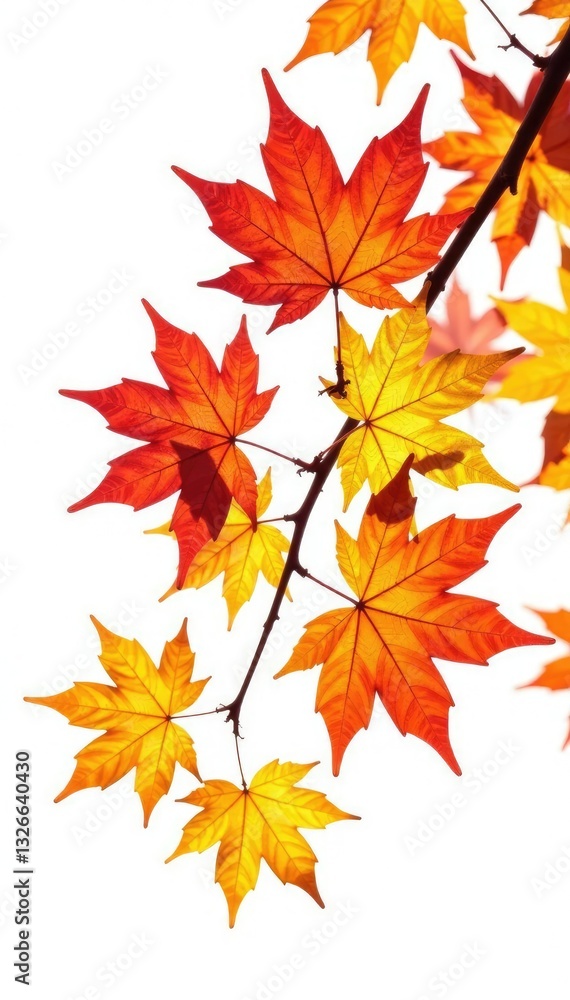 isolated maple leaves against a bright white background, branches, colorful, nature isolated maple leaves against a bright white background, branches, colorful, nature