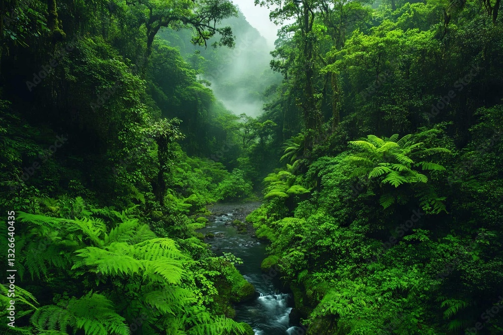 Obraz premium Lush tropical rainforest with dense vegetation and a serene river in the heart of nature during early morning mist