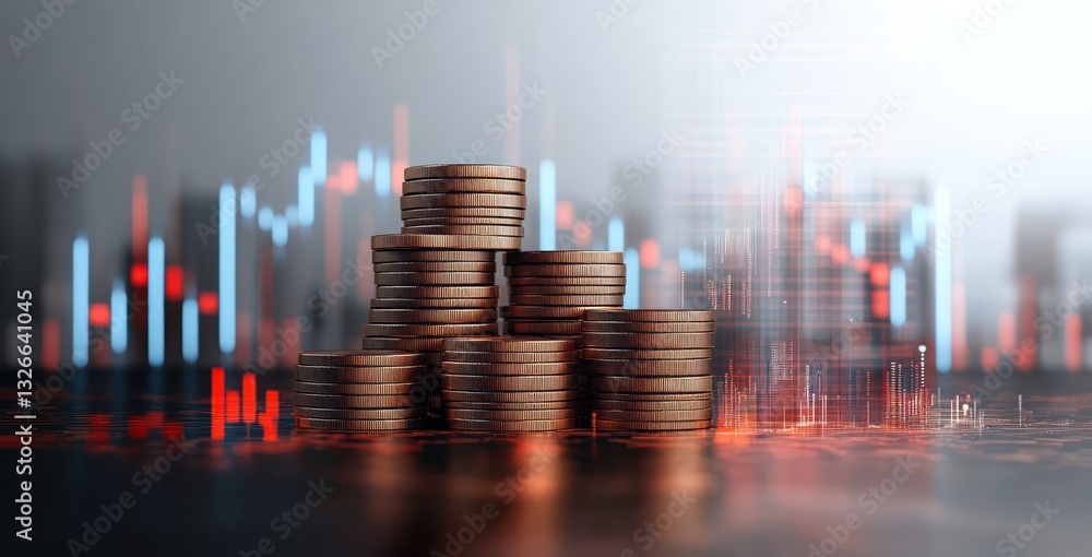 Modern Still Life with Stacked Coins Symbolizing Financial Growth and International Business Investment Analysis Modern Still Life with Stacked Coins Symbolizing Financial Growth and International Business Investment Analysis