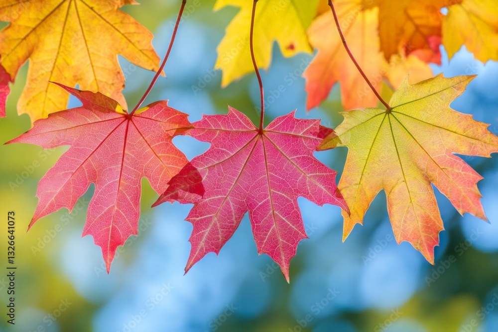 Colorful maple leaves showcase autumn hues against a blurred background during a sunny day Colorful maple leaves showcase autumn hues against a blurred background during a sunny day