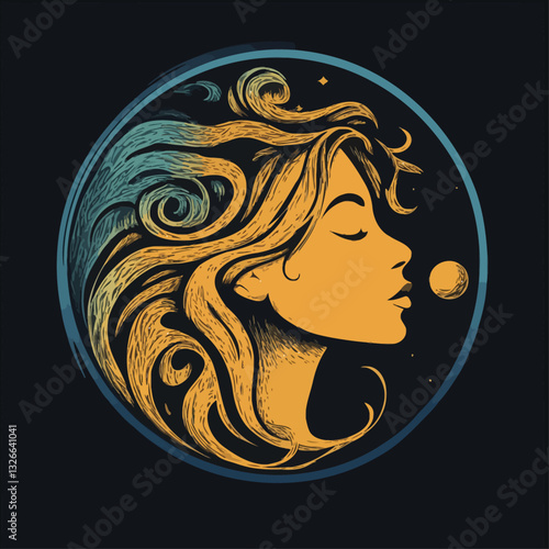 Mystical Woman in Space, Gold Hair, Closed Eyes, Profile, Cosmic Art.
