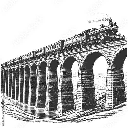 steam locomotive traveling over an arched stone viaduct, evoking nostalgia for historical railway journeys sketch engraving generative ai vector illustration. Scratch board. Black and white image.