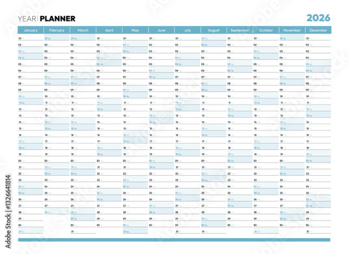 Blank blue 2026 year year planner, wall calendar for monthly and daily agenda. Schedule page journal, stationery calendar, organizer, planner template with twelve months vector illustration
