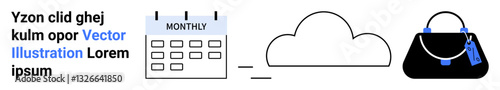 Calendar labeled monthly linking to a cloud and black handbag with tags. Ideal for e-commerce, cloud systems, scheduling, retail, data storage, organization, flat landing page banner
