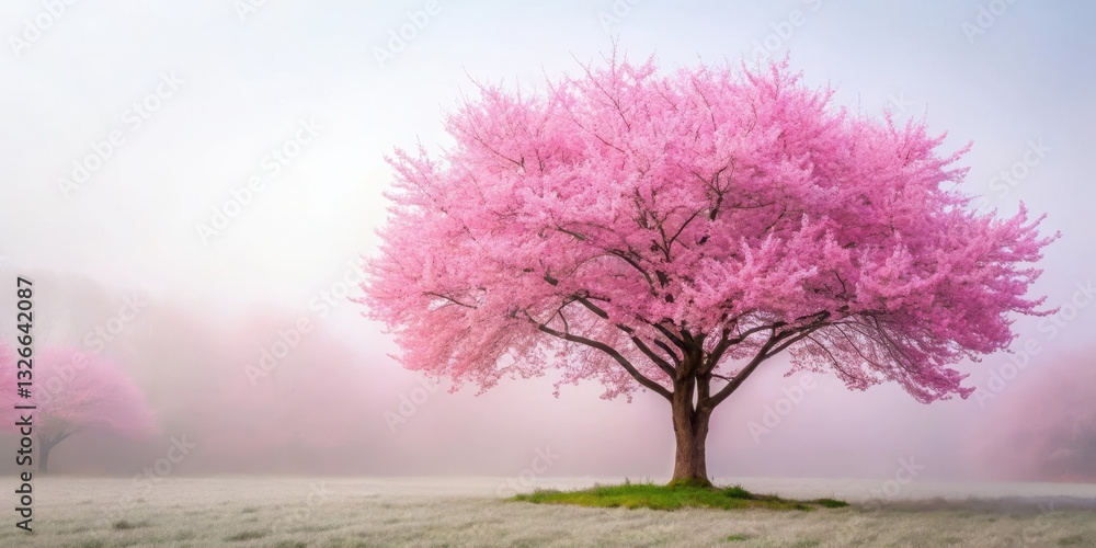 A vibrant pink cherry blossom tree stands tall amidst a soft white mist, its delicate branches adorned with hundreds of fluffy blooms in full bloom , Pink trees, Garden A vibrant pink cherry blossom tree stands tall amidst a soft white mist, its delicate branches adorned with hundreds of fluffy blooms in full bloom , Pink trees, Garden