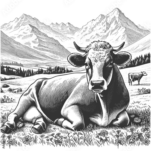 cow resting in a picturesque alpine pasture with mountains, pine trees, and farmhouses in the background sketch engraving generative ai vector illustration. Scratch board. Black and white image.