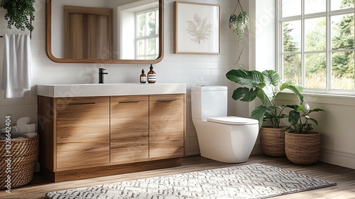 Modern Bathroom Interior Design with Wood Vanity and Plants