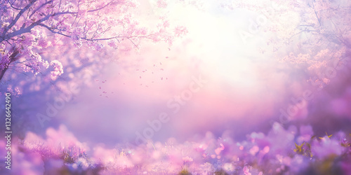 Cherry tree sunshine background template - pink sunny landscape with trees on left and right covered in cherry blossom with space for a spiritual message

