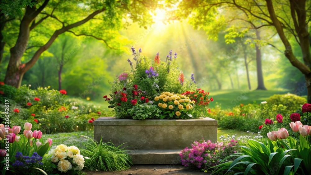 Lush greenery and vibrant spring flowers surround a natural stone podium, with sunlight filtering through the foliage , tree Lush greenery and vibrant spring flowers surround a natural stone podium, with sunlight filtering through the foliage , tree
