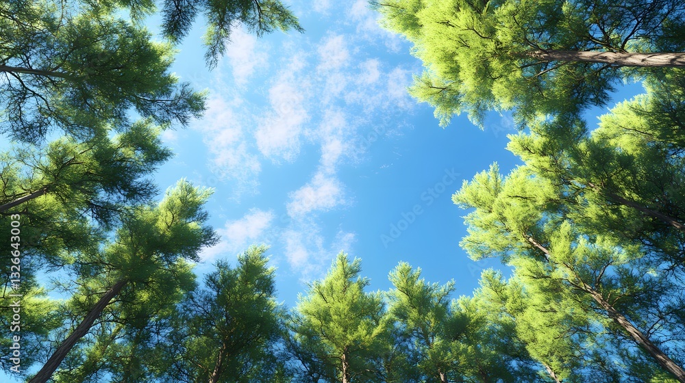 Obraz premium Verdant Pine Tree Tapestry Against a Cerulean Sky in a Tranquil Forest Setting