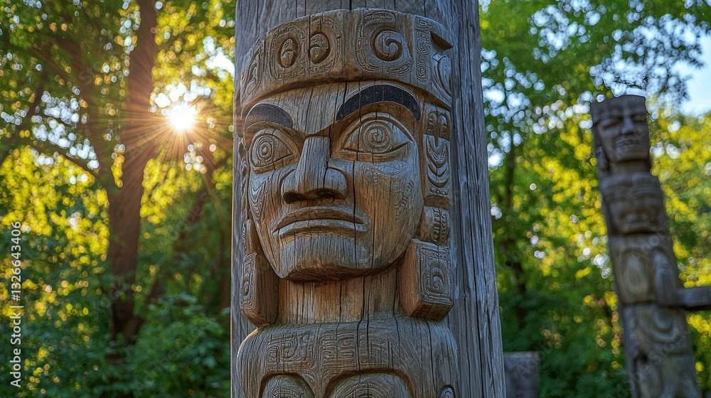 A close-up of a weathered wooden totem, its deep engravings rich with cultural symbolism. A close-up of a weathered wooden totem, its deep engravings rich with cultural symbolism.