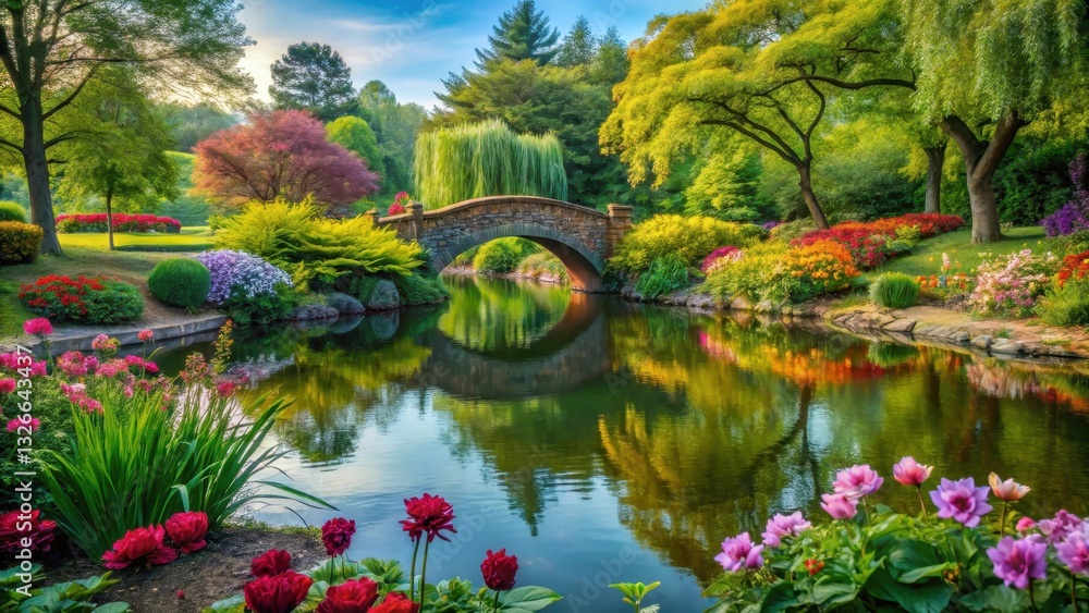 Serene landscape of a lush garden with vibrant flowers and trees, surrounded by a tranquil pond and a stone bridge , natural beauty, floral arrangement Serene landscape of a lush garden with vibrant flowers and trees, surrounded by a tranquil pond and a stone bridge , natural beauty, floral arrangement