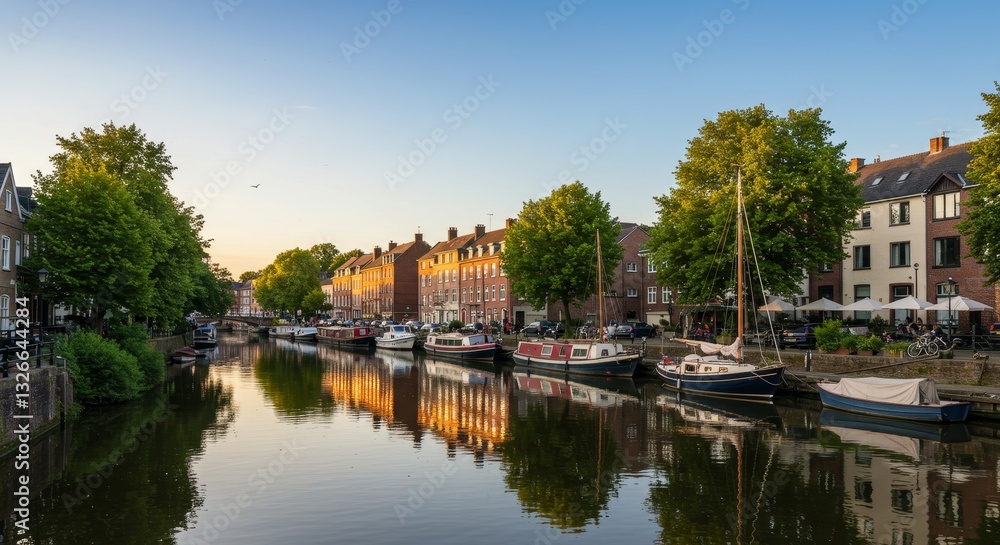 Serene Sunset Riverside Scene with Boats and Buildings - Peaceful canal, charming boats, picturesque buildings, lush greenery, serene sunset. Symbolizes tranquility, beauty, community, prosperity Serene Sunset Riverside Scene with Boats and Buildings - Peaceful canal, charming boats, picturesque buildings, lush greenery, serene sunset. Symbolizes tranquility, beauty, community, prosperity