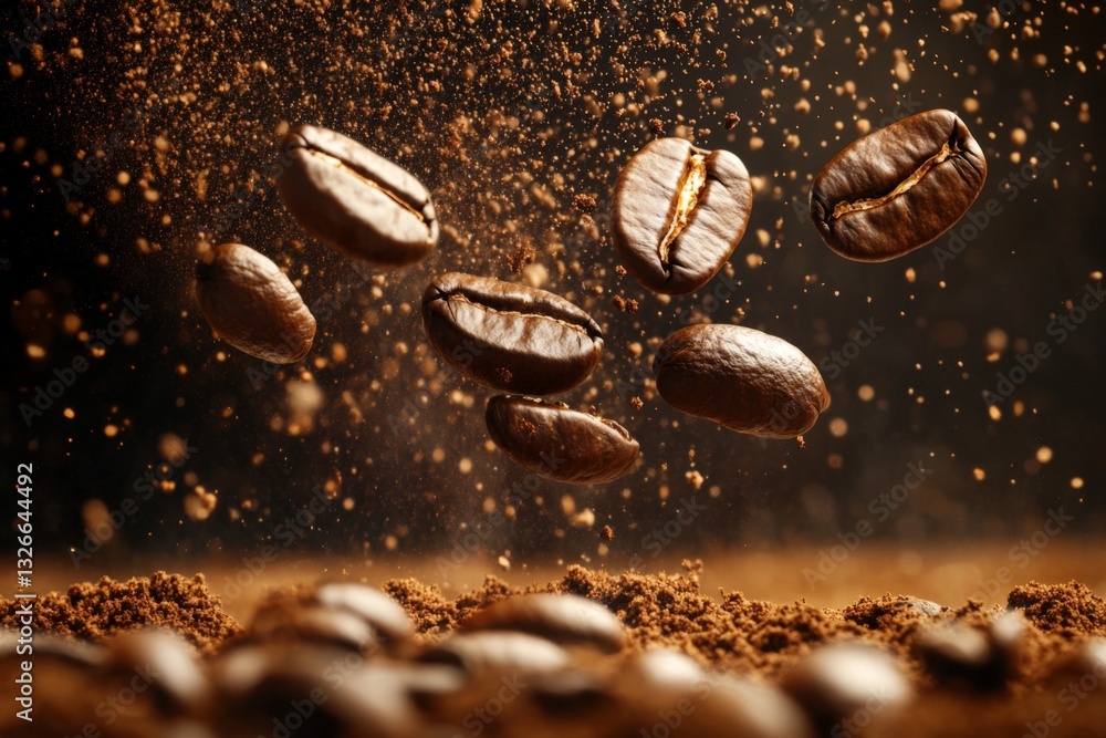 Coffee beans lift into the air with ground coffee below in a dramatic display of motion and aroma Coffee beans lift into the air with ground coffee below in a dramatic display of motion and aroma