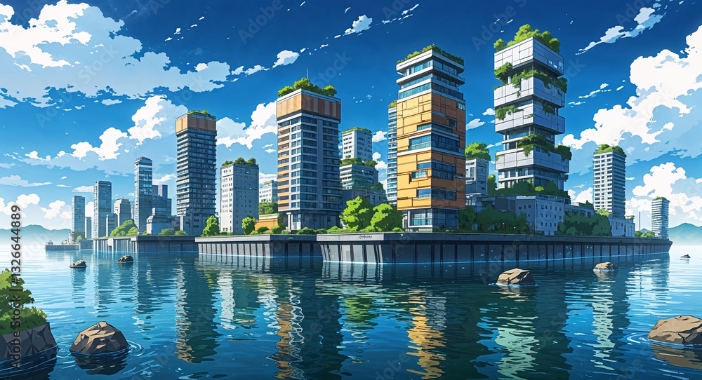 Fototapeta premium Floating city on water building design on manga design illustration background