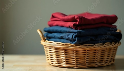 Stack of dark folded clothes inside a natural woven wicker basket, woven, textile
