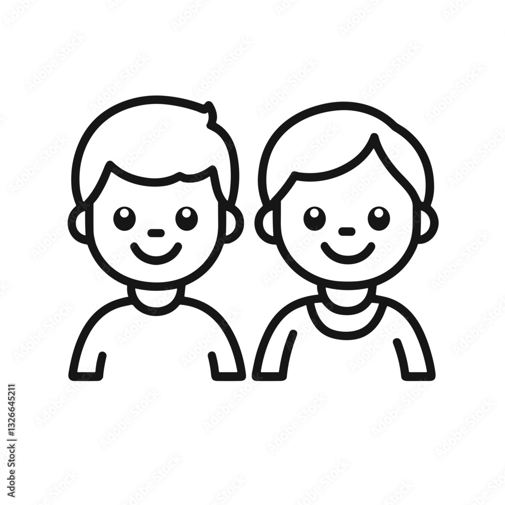 Minimalist line art of two smiling children side by side Minimalist line art of two smiling children side by side