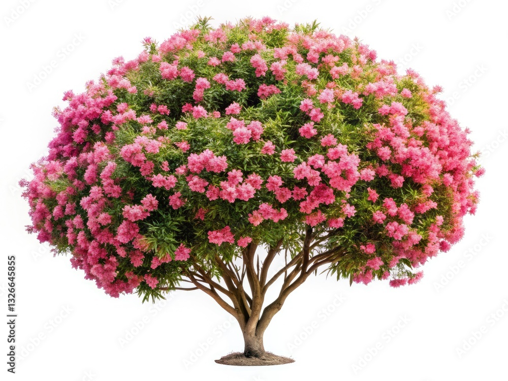 Obraz premium Aerial View White Oleander Tree, Blooming Spherical Crown, Thin Trunk, Isolated, High-Resolution Image