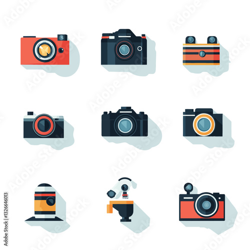 Flat Design Cameras Illustration, Photography Equipment and Icon Set