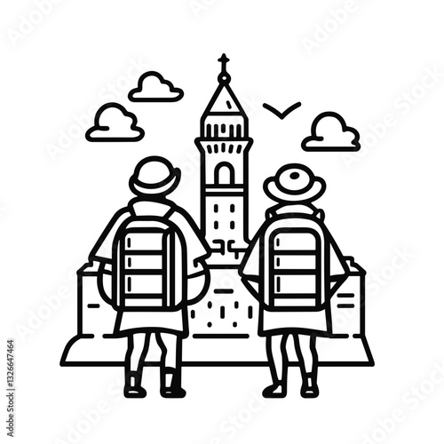 Minimalist line art of two travelers with backpacks looking at a cityscape