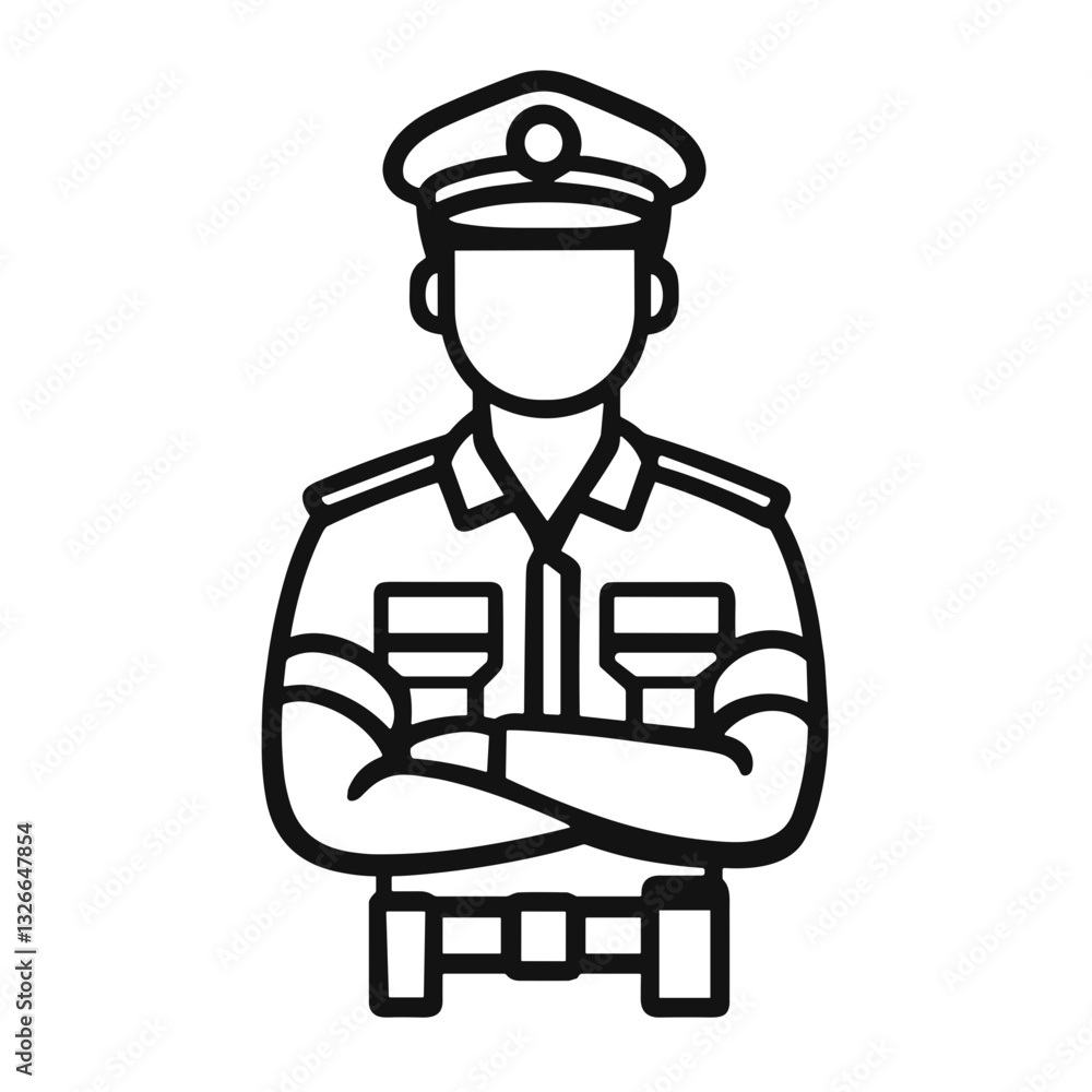 Minimalist line drawing of a police officer with crossed arms Minimalist line drawing of a police officer with crossed arms