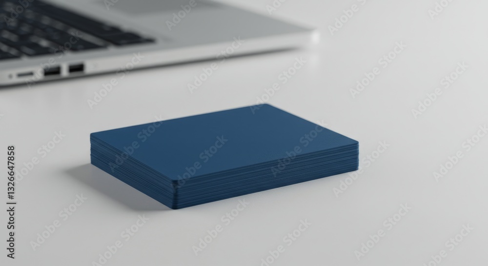Stack of Blue Cards Near Laptop - A neat stack of dark blue cards rests on a white surface, with a laptop subtly blurred in the background Stack of Blue Cards Near Laptop - A neat stack of dark blue cards rests on a white surface, with a laptop subtly blurred in the background