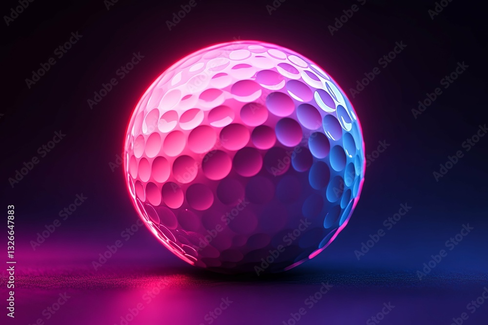 A dimpled illuminated sphere illuminated with vibrant pink and blue hues A dimpled illuminated sphere illuminated with vibrant pink and blue hues