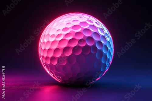 A dimpled illuminated sphere illuminated with vibrant pink and blue hues
