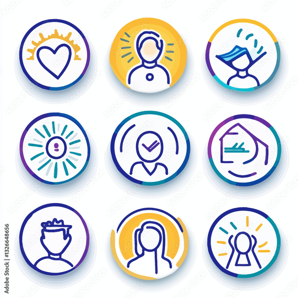 Set of Colorful Icons Depicting Various Concepts and Emotions Set of Colorful Icons Depicting Various Concepts and Emotions
