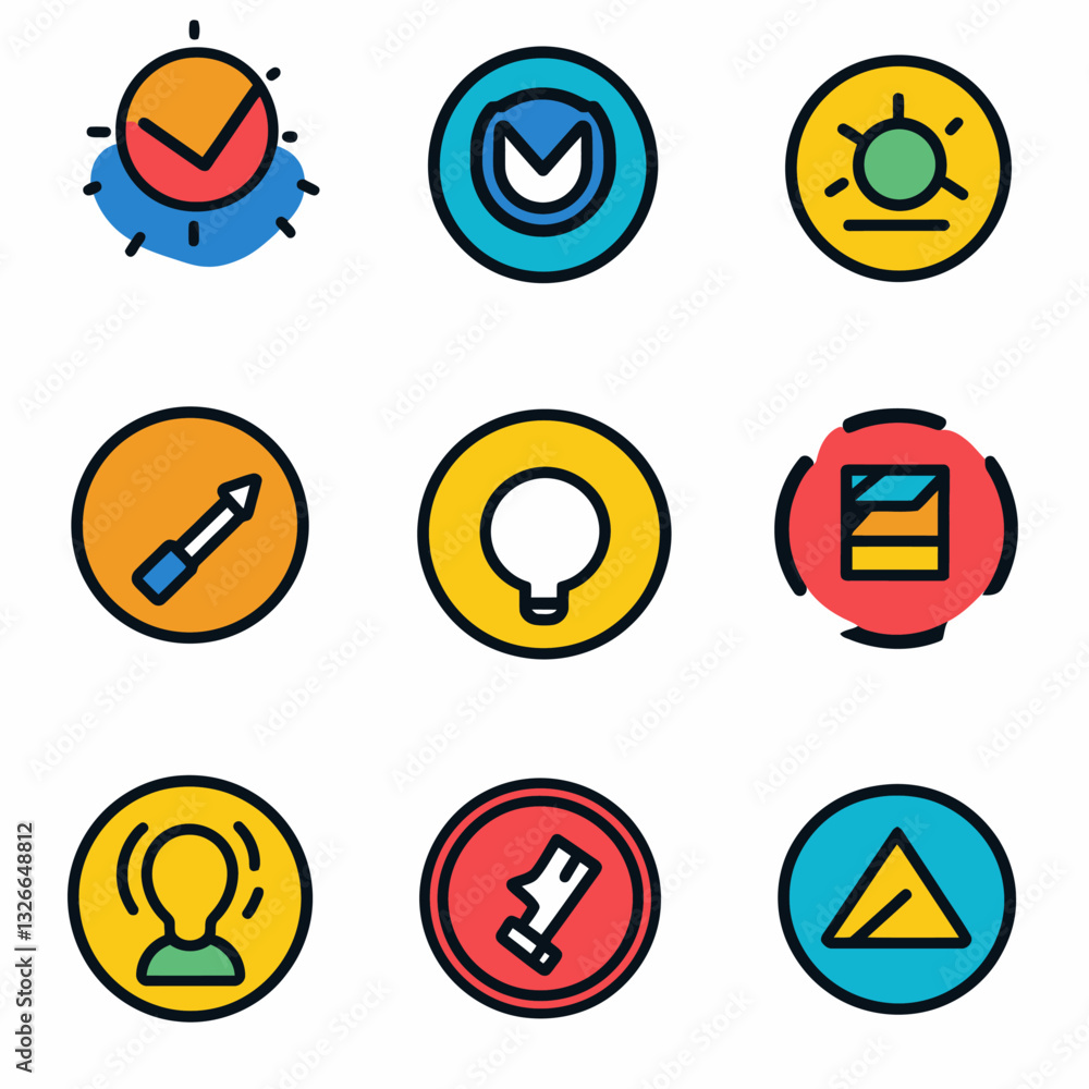 Set of 9 colorful icons on white background, simple and clear Set of 9 colorful icons on white background, simple and clear