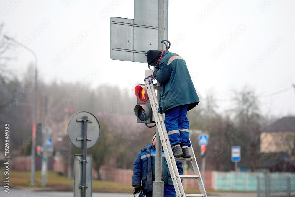 Electrician standing on ladder repair traffic light. Worker fixing traffic light at busy intersection, using ladder and tools to perform maintenance. Road maintenance crew repairing traffic signal