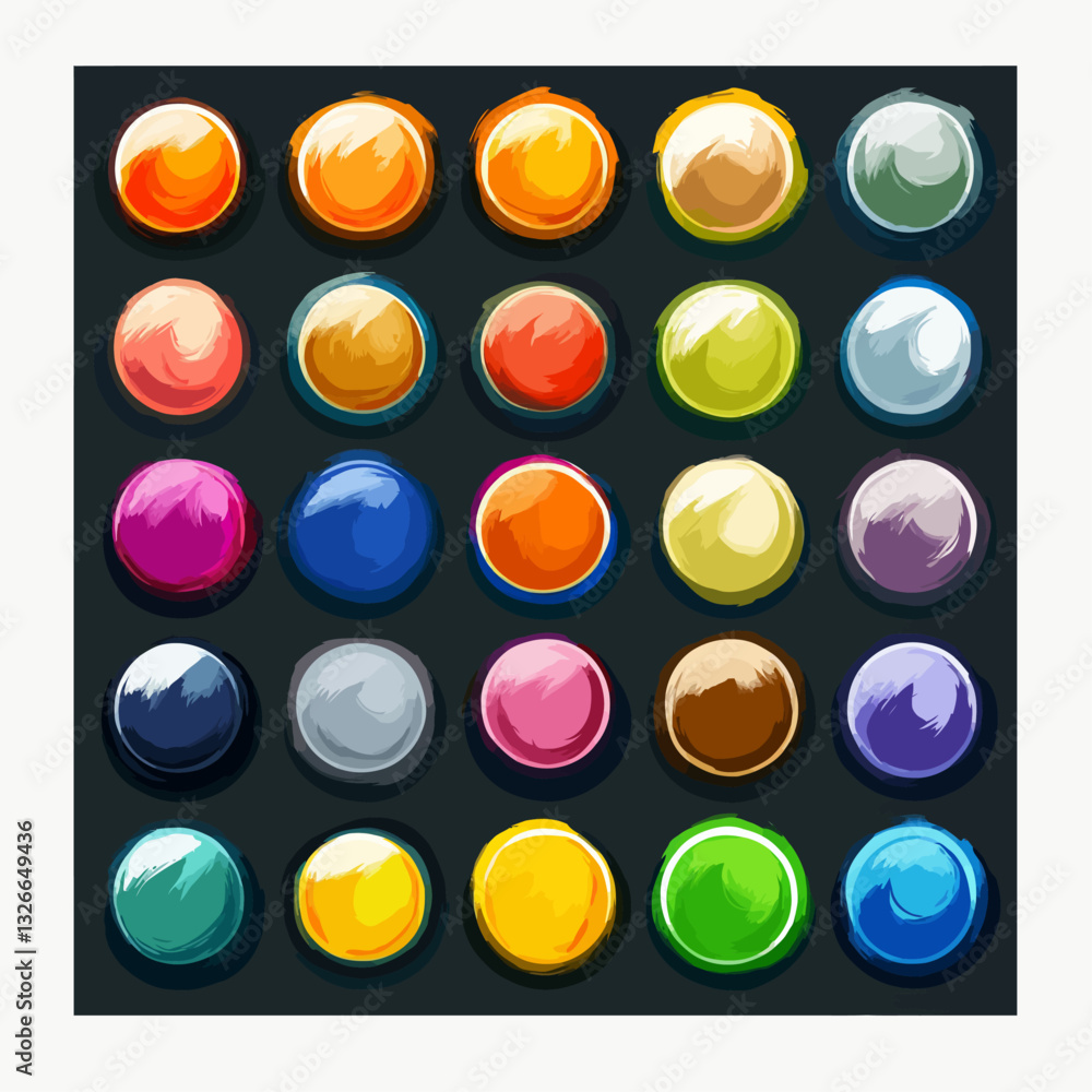 Colorful Abstract Paint Brush Strokes Circular Buttons on Dark Background