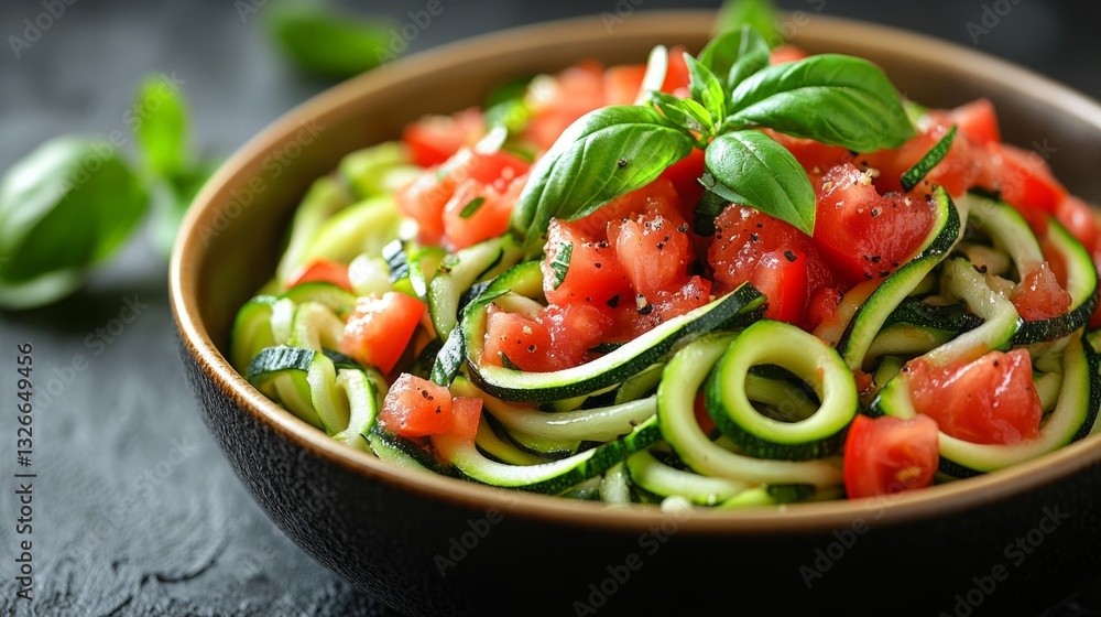 Zucchini noodles topped with ripe tomatoes and basil make a vibrant, fresh, and wholesome dish Zucchini noodles topped with ripe tomatoes and basil make a vibrant, fresh, and wholesome dish
