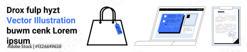 Shopping bag with tag, laptop displaying interface, and signed document highlight e-commerce, digital marketing, retail, business agreements, customer purchases. Ideal for platforms, apps flat
