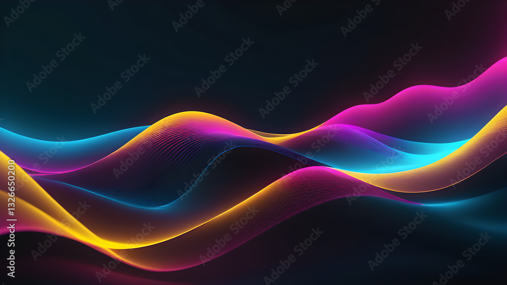 Naklejka premium Futuristic grainy gradient with deep blue, magenta, and shimmering gold highlights. Abstract wavy light streaks against a dark, elegant backdrop